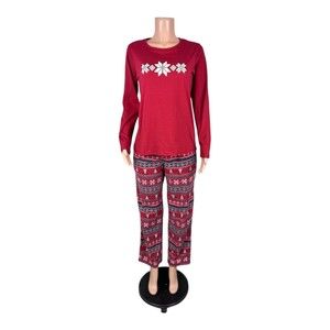 Cuddl Duds Jersey & Micro Fleece Women's Pajama Set Deep Red Fairisle XL Size